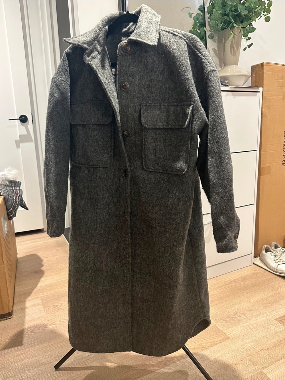 Women Long Wool Blend Button Front Coat - Gray